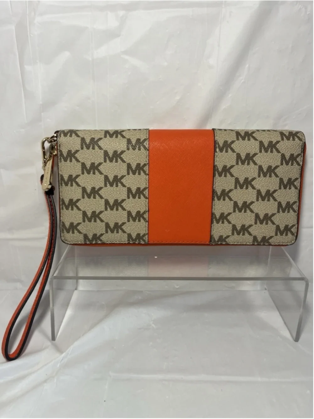 Michael Kors Center Stripe Travel Continental Wallet/Wristlet in Natural/Orange